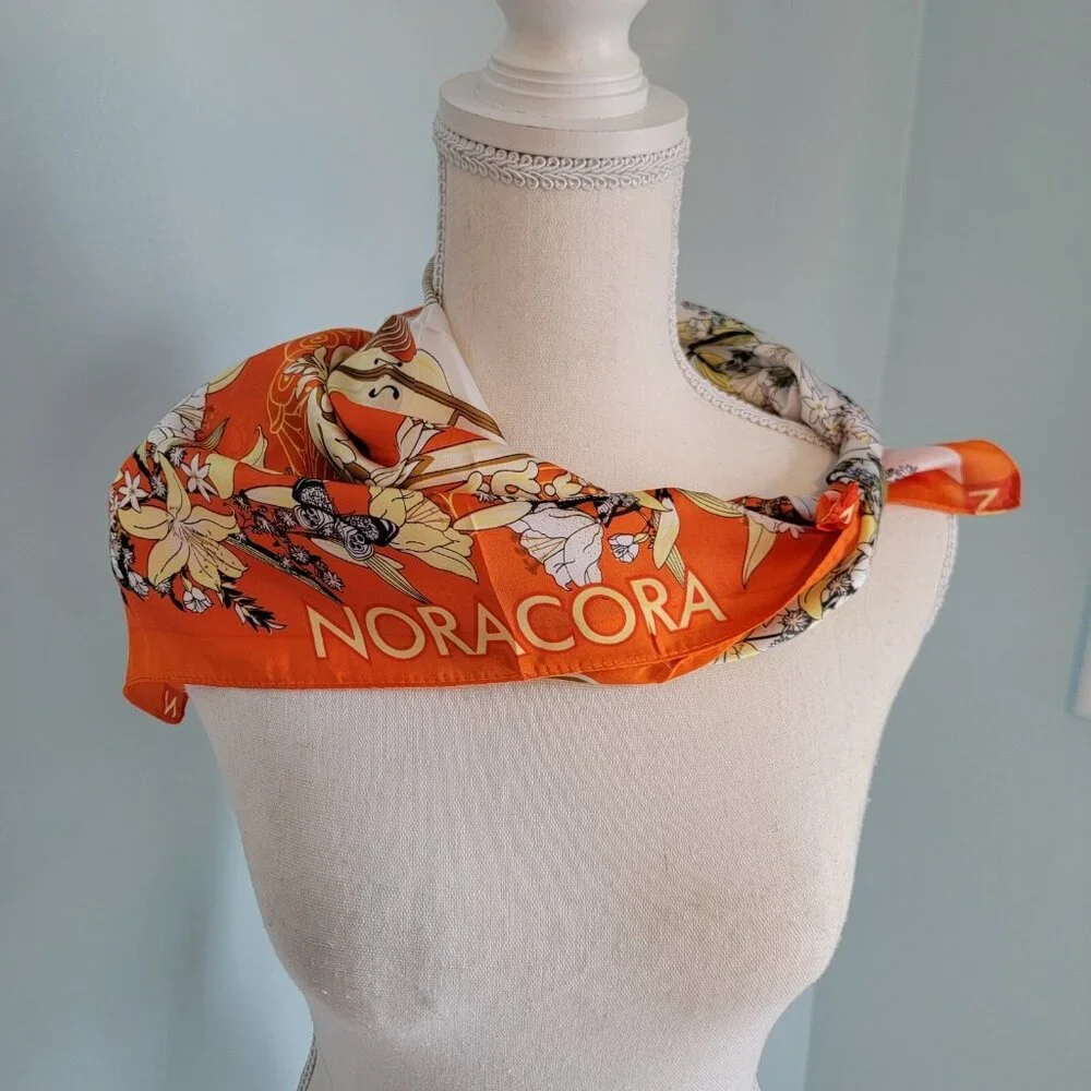 NORACORA Scarf FLORAL‎ BUTTERFLY Music ORANGE SQUARE Polyester  21 In Square